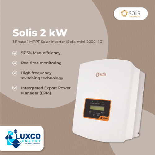 Solis 2kW Solar inverter
1Phase 1MPPT Sola inverter(solis-mini-2000-4G)

1. 97.5% Max.efficiency
2. Realtime monitoring
3. High frequency switching technology
4. Intergrated Export Power Manager(EPM)

Our site : https://www.luxcoenergy.com.au/wholesale-solar-inverters/solis/