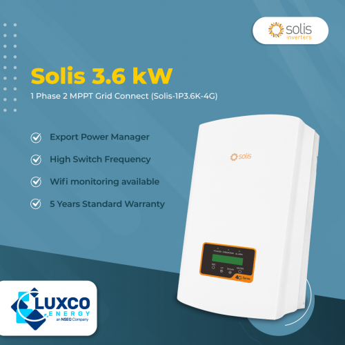 Solis 3.6kW solar inverter
1 Phase 2 MPPT Grid Connect(Solis-1P3.6k-4G)

1. Export power Manager
2. High Switch Frequency
3. Wifi monitoring available
4. 5 Years Standard Warranty

Our site : https://www.luxcoenergy.com.au/wholesale-solar-inverters/solis/