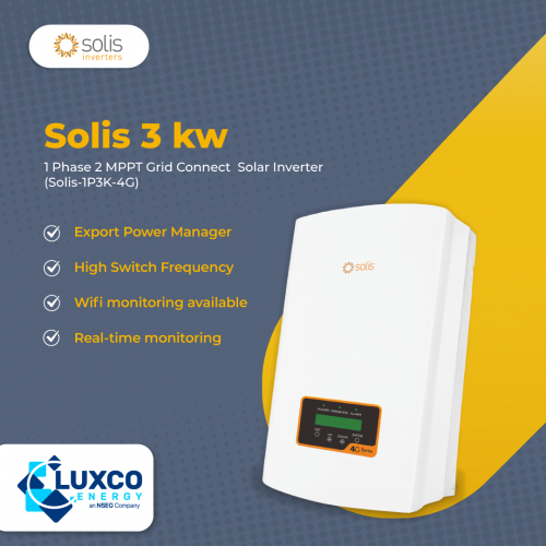 Solis 3kW Solar inverter
1 Phase 2 MPPT Grid connect Solar Inverter
(Solis-1P3K-4G)

1. Export Power Manager
2. High Switch Frequency
3. Wifi Monitoring available
4. Real-time monitoring

Our site : https://www.luxcoenergy.com.au/wholesale-solar-inverters/solis/