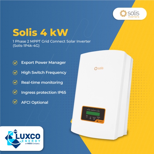 Solis 4kW solar inverter
1 Phase 2 MPPT Grid Connect Solar inverter
(Solis-1P4K-4G)

1. Export Power Manager
2. High Switch Frequency
3. Real-time monitoring
4. Ingress Protection IP65
5. AFCI Optional

Visit our site: https://www.luxcoenergy.com.au/wholesale-solar-inverters/solis/