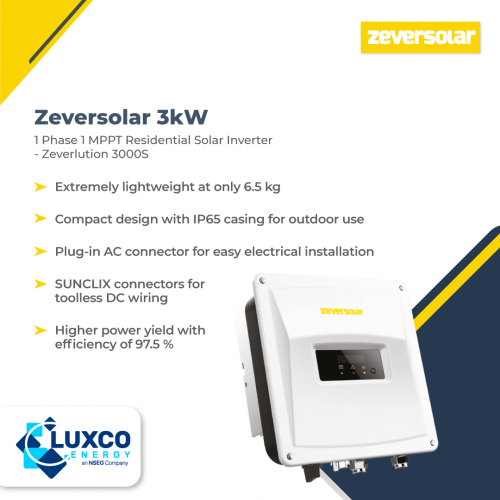 Zeversolar 3kW
1 Phase 1 MPPT Residential solar inverter
-Zeverlution 3000S

1. Extremely lightweight at only 6.5kg
2. Compact design with IP65 casing for outdoor use
3. Plug-in AC connector for easy electrical installation
4. SUNCLIX connectors for toolless DC wiring
5. Higher Power yield with efficiency of 97.5%

Visit our site:https://www.luxcoenergy.com.au/wholesale-solar-inverters/zeversolar/