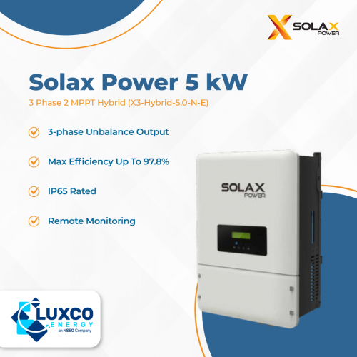 Solax Power 5kW
3 Phase 2 MPPT Hybrid (X3-Hybrid-5.0-N-E)

1. 3-phase Unbalance Output
2. Max Efficiency up to 97.8%
3. IP65 Rated
4. Remote Monitoring

Visit our site: https://www.luxcoenergy.com.au/wholesale-solar-inverters/solax/