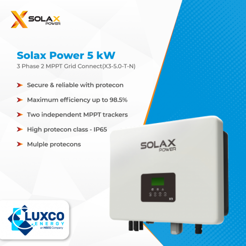 Solax Power 5kW 
3 phase 2 MPPT Grid connect(X3-5.0-T-N)
1.Secure & reliable with protocone
2.Maximum Efficiency up to 98.5%
3.Two Independent MPPT trackers
4.High protocone class - IP65
5.Mulple Protocones

visit our site : https://www.luxcoenergy.com.au/wholesale-solar-inverters/solax/