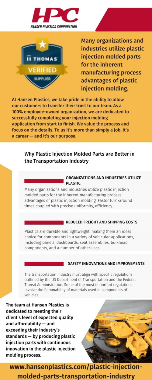 Visit us at https://www.hansenplastics.com/plastic-injection-molded-parts-transportation-industry/
Many organizations and industries utilize plastic injection molded parts for the inherent manufacturing process advantages of plastic injection molding.