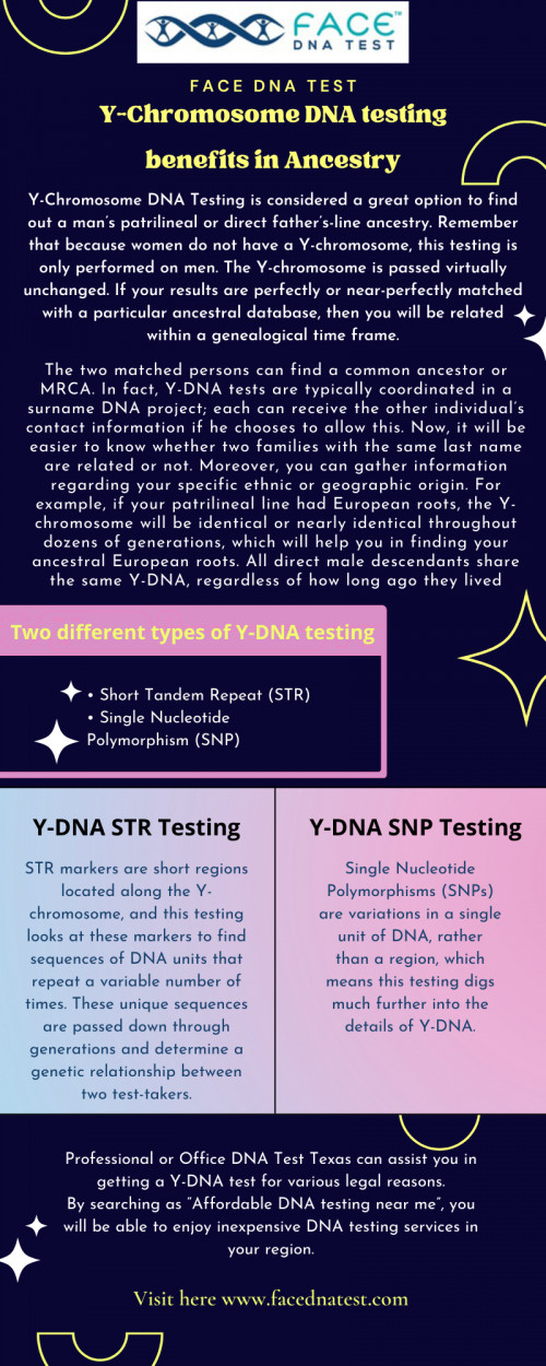 Y-Chromosome DNA Testing is considered a great option to find out a man’s patrilineal or direct father’s-line ancestry. Remember that because women do not have a Y-chromosome, this testing is only performed on men. The Y-chromosome is passed virtually unchanged. If your results are perfectly or near-perfectly matched with a particular ancestral database, then you will be related within a genealogical time frame. To know more visit our website:https://facednatest.com