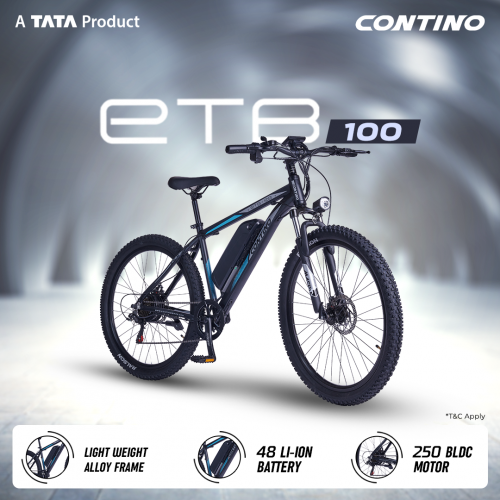 Contino ETB 100 is the next-gen electric bicycle based on a lightweight 6061 Alloy frame coupled with a 250 W- BLDC motor. This e-bike is powered by 48V Li-ion Batteries and comes with features like 5-Ride Mode, Smart Power-cut, LCD Display, and Removable Batteries. The electric MTB has key specs like Shimano 7-speed, Front Suspension, Dual Disc Brakes, and Alloy Rims. This urban e-bike is specially designed for your daily commute within the city.