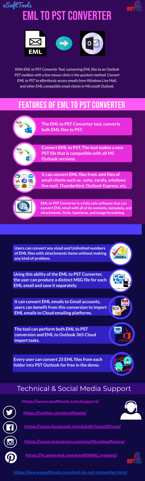 Our eSoftTools EML to PST Converter easily converts EML to PST files by using of this amazing tool. Our tool has advanced features, and you can save EML files to multiple files formats such as EMLX, MBOX, MSG, HTML, Yahoo, GMAIL, and Office365. This advanced software converts the bulk of EML files to Outlook PST files in a few mouse clicks. You can also attempt its free trial pack to convert the initial 25 items of eml files to Outlook.

Read More:- https://www.esofttools.com/eml-to-pst-converter.html