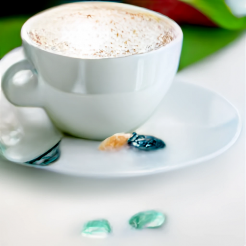 gem stone over cappuccino with anthurium in the background