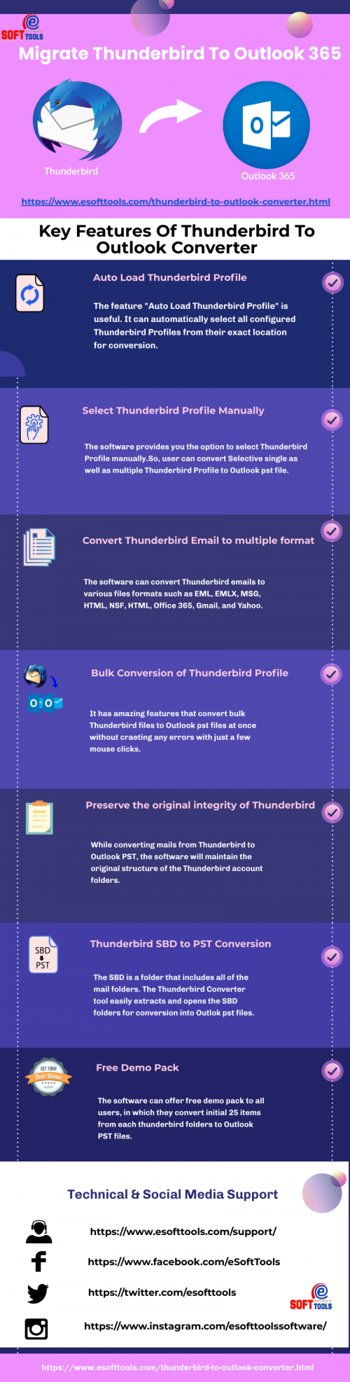 Our eSoftTools Thunderbird to Outlook Converter is the most popular solution to migrate Thunderbird to Outlook 365. It can export thunderbird to PST, MSG, EML, EMLX, HTML, NSF, HTML, OFFICE365, GMAIL, and yahoo. The tool can provide a live preview facility to all users to check its files/folders before the conversion process. It comes with a free demo version in which users can convert initial 25 items from each thunderbird folder to PST Files.

Read More:-https://www.esofttools.com/mozilla-thunderbird-to-pst-converter.html