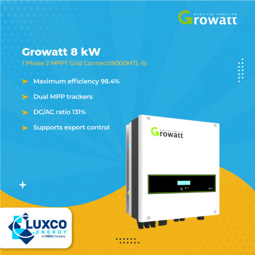 Growatt 8kW 1 Phase 2 MPPT Grid Connect(8000MTL-S)

1. Maximum efficiency 98.4%
2. Dual MPP trackers
3. DC/AC ratio 131%
4. Supports export control

Visit our site: https://www.luxcoenergy.com.au/wholesale-solar-inverters/growatt/
