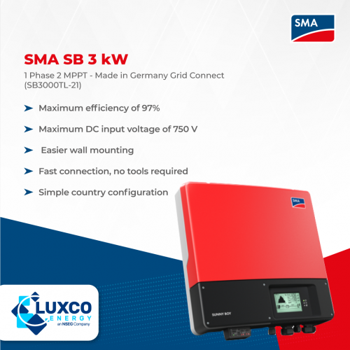 SMA SB 3kW 1 Phase 2 MPPT - Made in Germany Grid Connect
(SB3000TL-21)

1. Maximum efficiency 
2. Maximum DC input voltage of 750V
3. Easier Wall mounting
4. Fast connection, no tools required
5. Simple country configuration

Visit our site for more.

Visit here: https://www.luxcoenergy.com.au/wholesale-solar-inverters/sma/