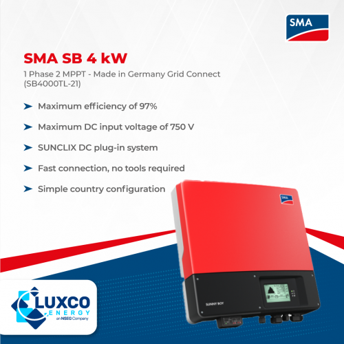 SMA SB 4kW 1 Phase 2 MPPT - Made in Germany Grid Connect
(SB4000TL-21)

1. Maximum efficiency of 97% 
2. Maximum DC input voltage of 750V
3. SUNCLIX DC plug-in system
4. Fast connection, no tools required
5. Simple country configuration

Visit here: https://www.luxcoenergy.com.au/wholesale-solar-inverters/sma/