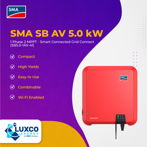 SMA SB AV 5.0 kW
1 Phase 2 MPPT -Smart Connected Grid Connect(SB5.0-1AV-41)

1. Compact
2. High Yields
3. Easy to Use
4. Combinable
5. Wi-fi Enabled

Visit our site:https://www.luxcoenergy.com.au/wholesale-solar-inverters/sma/
