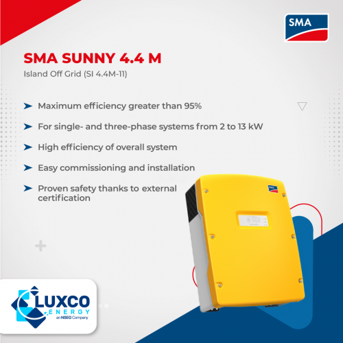 SMA SUNNY 4.4M island off grid(S1 4.4M-11)

1. Maximum efficiency greater than 95%
2. For single-and three-phase systems from 2 to 13kW
3. High efficiency of overall system
4. Easy commissioning and installation
5. Proven safety thanks to external certification

Visit our site: https://www.luxcoenergy.com.au/wholesale-solar-inverters/sma/