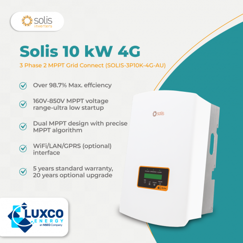 Solis 10 kW 4G 3 Phase 2 MPPT Grid connect(SOLIS-3P10K-4G-AU)

1. Over 98.7% Max.efficiency
2. 160V-850V MPPT voltage range-ultra low startup
3. Dual MPPT Design with precise
4. WiFi/LAN/GPRS(optional)interface
5. 5 years standard warranty, 20 years optional upgrade

Visit our site: https://www.luxcoenergy.com.au/wholesale-solar-inverters/solis/