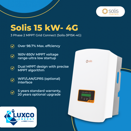 Solis 15 kW 4G 3 Phase 2 MPPT Grid connect(SOLIS-3P15K-4G)

1. Over 98.7% Max.efficiency
2. 160V-850V MPPT voltage range-ultra low startup
3. Dual MPPT Design with precise MPPT algorithm
4. WiFi/LAN/GPRS(optional)interface
5. 5 years standard warranty, 20 years optional upgrade

Visit our site: https://www.luxcoenergy.com.au/wholesale-solar-inverters/solis/