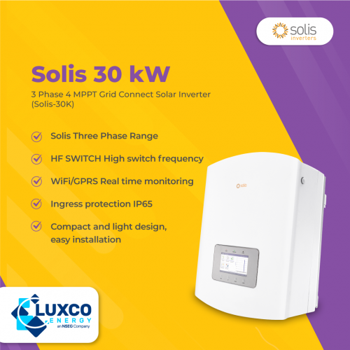 3 Phase 4 MPPT Grid Connect Solar inverter
(Solis-30K)

1. Solis Three Phase Range
2. HF SWITCH High switch frequency
3. WIFi/GPRS Real time monitoring
4. Ingress protection IP65
5. Compact and light design, easy installation 

Visit our site:https://www.luxcoenergy.com.au/wholesale-solar-inverters/solis/