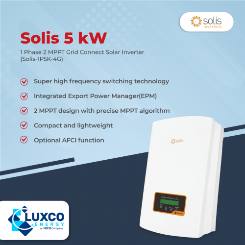 1 Phase 2 MPPT Grid connect Solar inverter (Solis-1P5K-4G)

1. Super high frequency switching technology
2. Integrated Export Power Manager(EPM)
3. 2 MPPT design with precise MPPT algorithm
4. Compact and lightweight
5. Optional AFCI function

Visit our site: https://www.luxcoenergy.com.au/wholesale-solar-inverters/solis/
