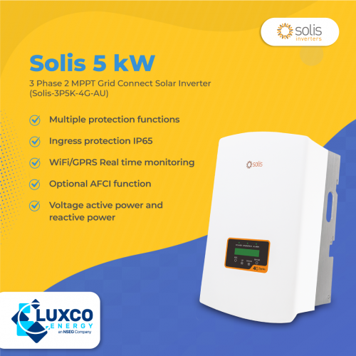 Solis 5kW 3 Phase 2 MPPT Grid Connect Solar inverter
(Solis-3P5K-4G-AU)

1. Multiple protection function
2. Ingress protection IP65
3. Wifi/GPRS Real time monitoring
4. Optional AFCI function
5. Voltage active power and reactive power


Visit here: https://www.luxcoenergy.com.au/wholesale-solar-inverters/solis/