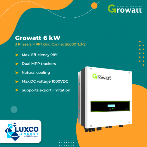 Growatt 6kW 3 Phase 2 MPPT Grid Connect(6000TL3-S)

1. Max.Efficiency 98%
2. Dual MPP trackers
3. Natural cooling
4. Max.DC voltage 1000VDC
5. Supports export limitation

Visit our site: https://www.luxcoenergy.com.au/wholesale-solar-inverters/growatt/