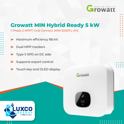 Growatt MIN Hybrid Ready 5kW 1 Phase 2 MPPT Grid connect

1. Maximum efficiency 98.4%
2. Dual MPP trackers
3. Type || SPD on DC side
4. Supports export control
5. Touch key and OLED display

Visit our site : https://www.luxcoenergy.com.au/wholesale-solar-inverters/growatt/